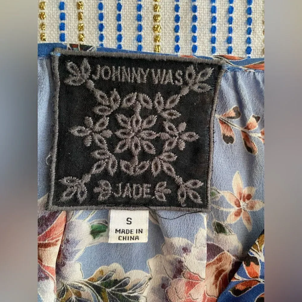 Johnny Was Jade Raine Easy Blouse Silk Blue Floral Puff Sleeve Top Sz S